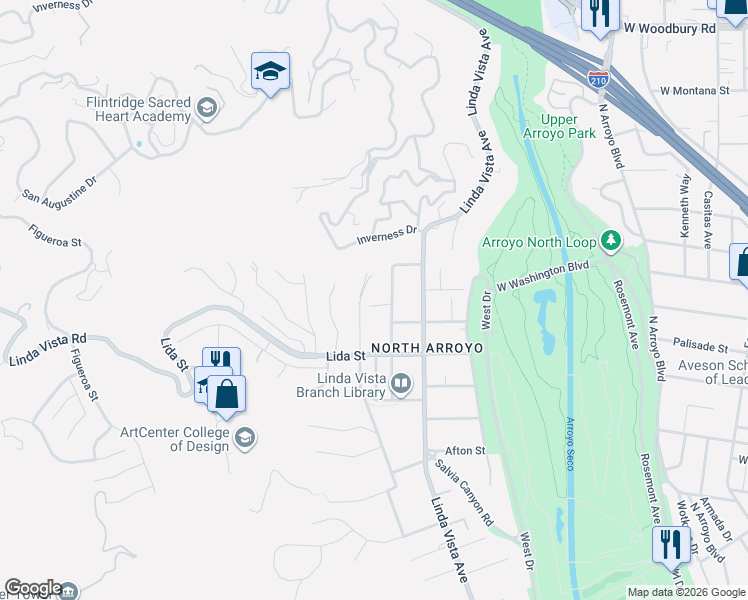 map of restaurants, bars, coffee shops, grocery stores, and more near 1345 Lomay Place in Pasadena