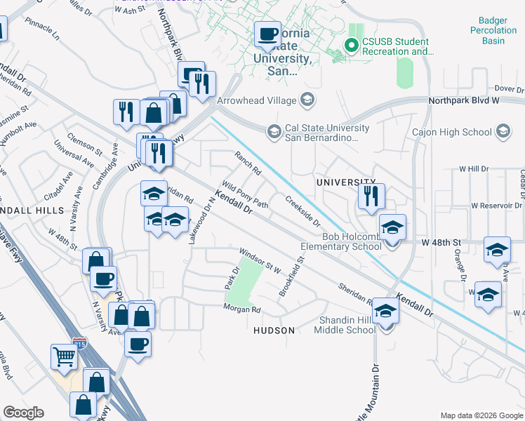map of restaurants, bars, coffee shops, grocery stores, and more near 1559 Wild Pony Path in San Bernardino