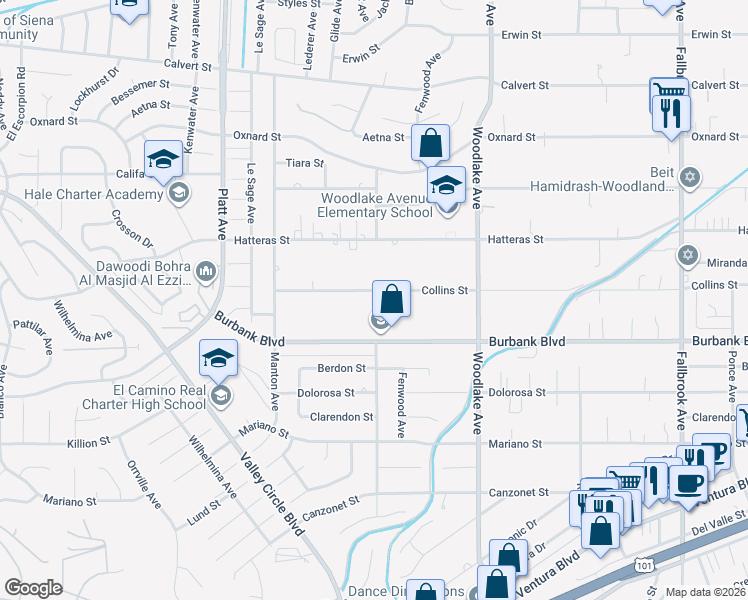 map of restaurants, bars, coffee shops, grocery stores, and more near 23400 Collins Street in Los Angeles