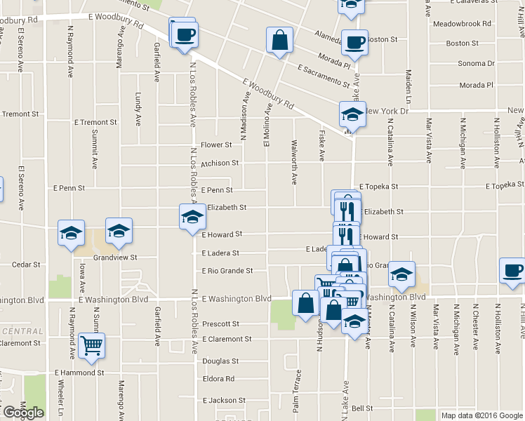 map of restaurants, bars, coffee shops, grocery stores, and more near 1576 North El Molino Avenue in Pasadena