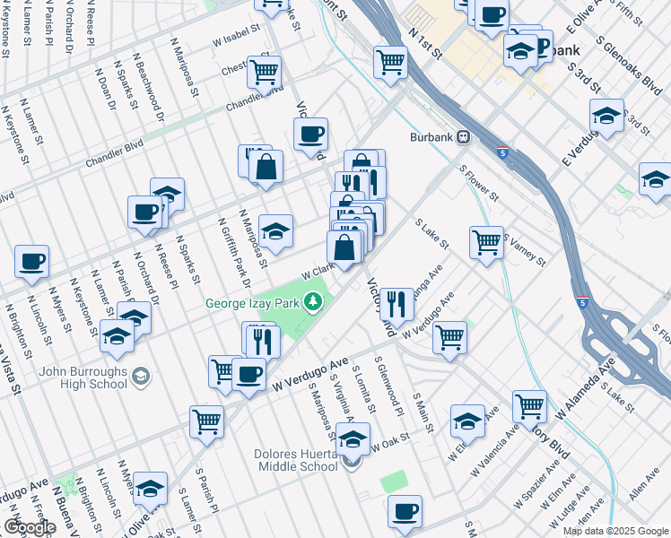map of restaurants, bars, coffee shops, grocery stores, and more near 1020 West Clark Avenue in Burbank