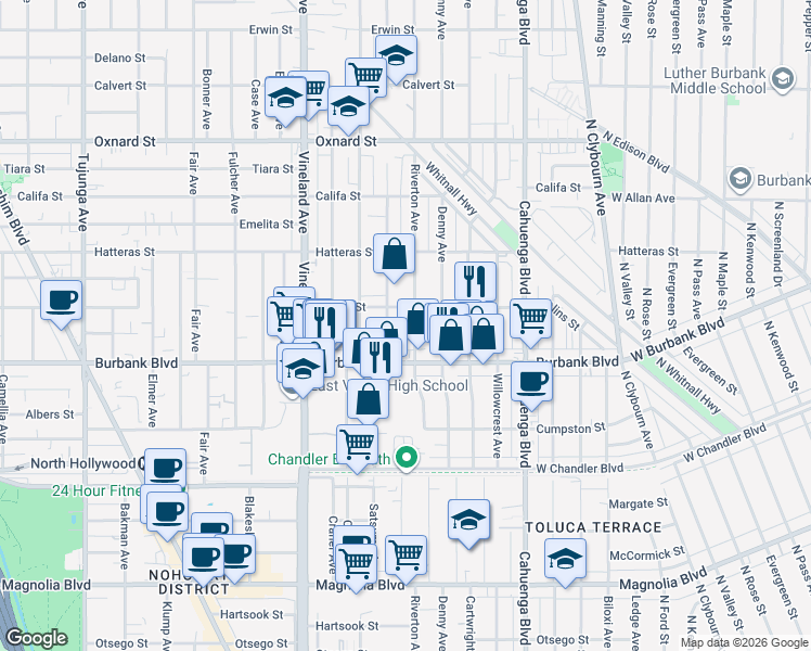 map of restaurants, bars, coffee shops, grocery stores, and more near 5629 Riverton Avenue in Los Angeles