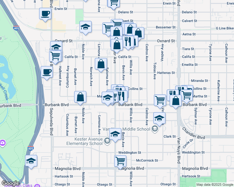 map of restaurants, bars, coffee shops, grocery stores, and more near 5631 Bevis Avenue in Los Angeles