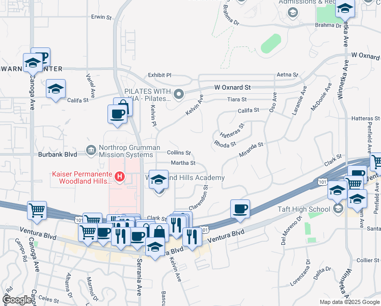 map of restaurants, bars, coffee shops, grocery stores, and more near 20701 Martha Street in Los Angeles