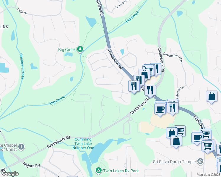 map of restaurants, bars, coffee shops, grocery stores, and more near 6360 Forest Shore Court in Cumming