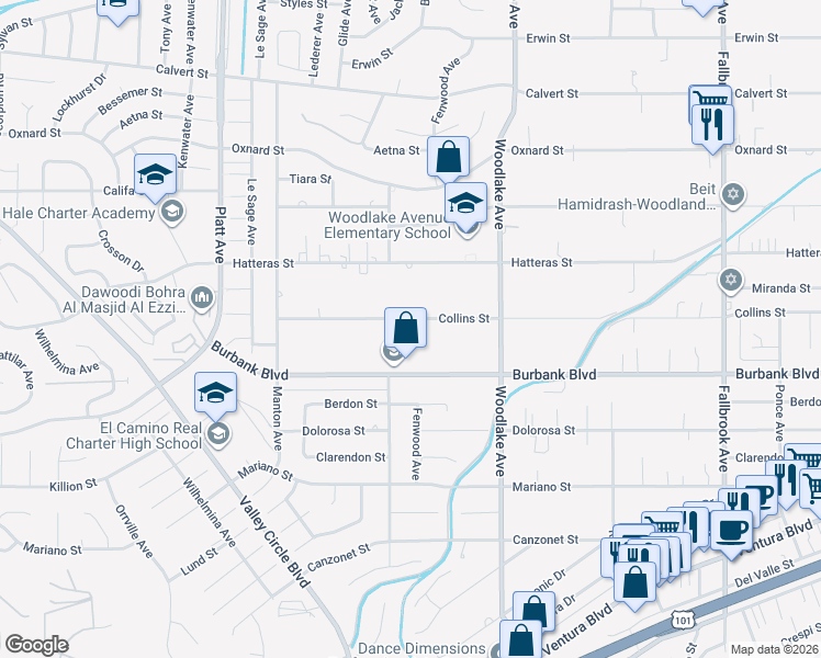 map of restaurants, bars, coffee shops, grocery stores, and more near 23340 Collins Street in Los Angeles