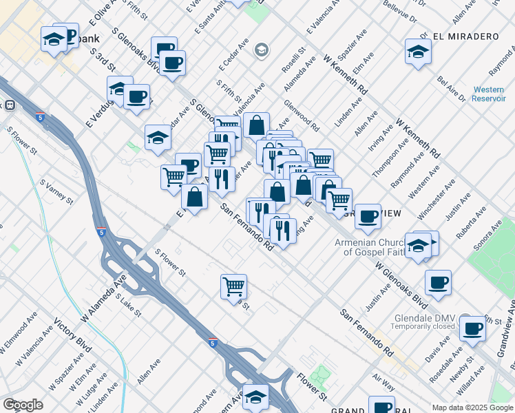 map of restaurants, bars, coffee shops, grocery stores, and more near 1031 Linden Avenue in Glendale