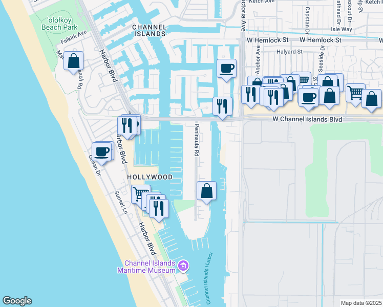 map of restaurants, bars, coffee shops, grocery stores, and more near 2901 Peninsula Road in Oxnard