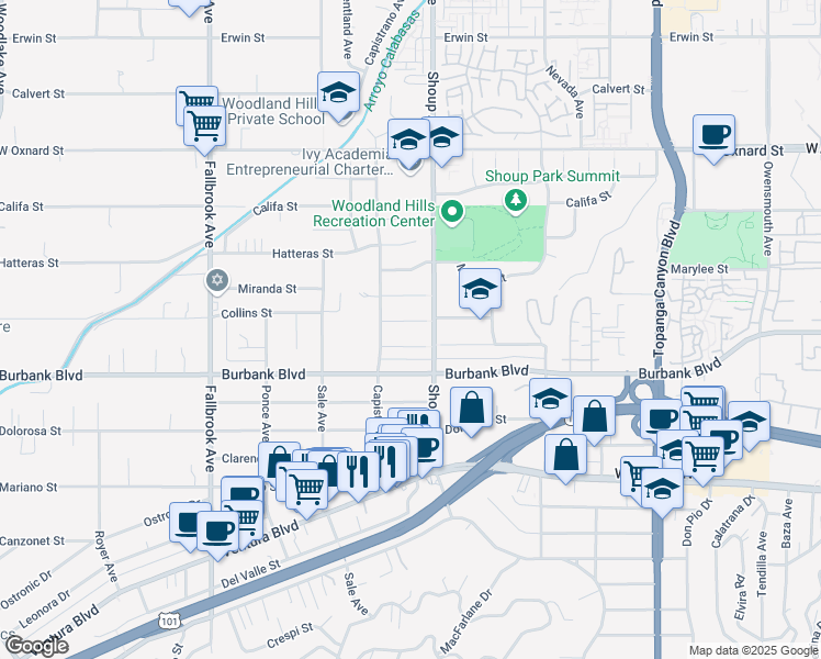 map of restaurants, bars, coffee shops, grocery stores, and more near 22420 Martha Street in Los Angeles