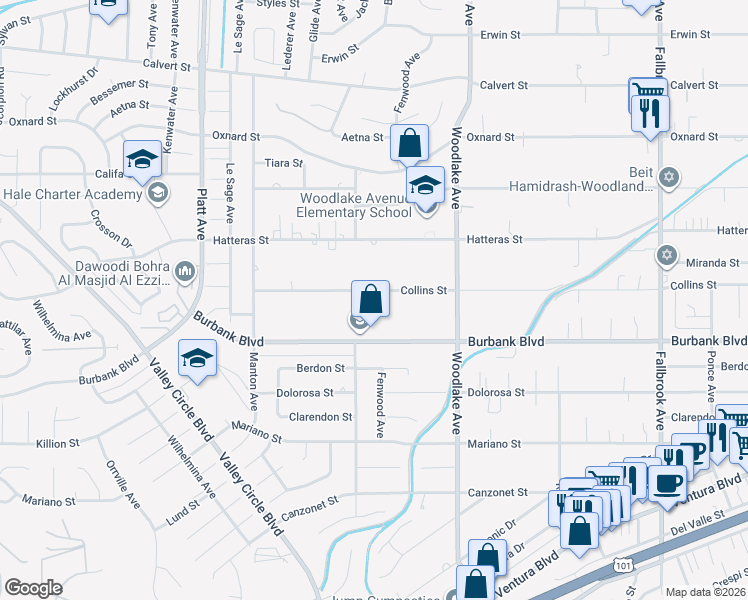 map of restaurants, bars, coffee shops, grocery stores, and more near 23340 Collins Street in Los Angeles