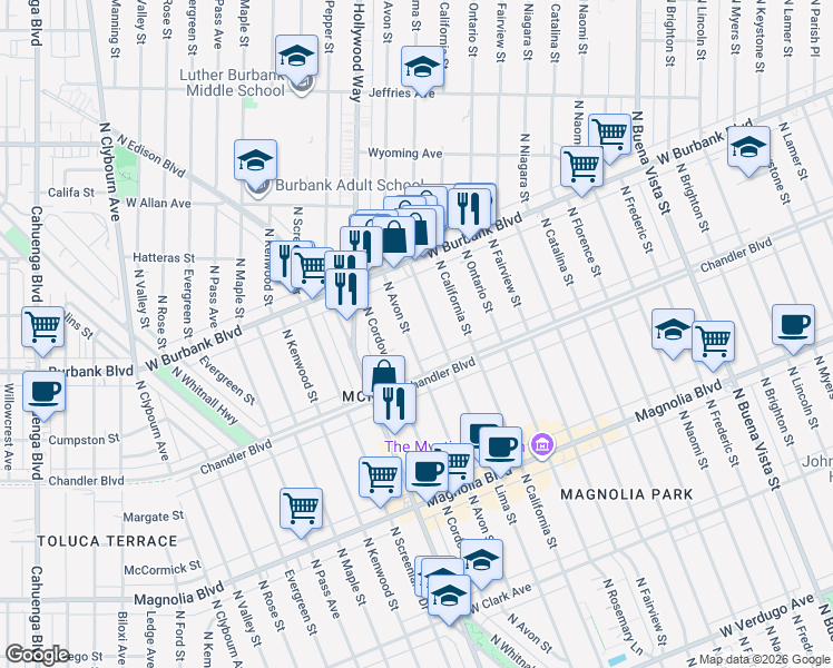 map of restaurants, bars, coffee shops, grocery stores, and more near 1232 North Avon Street in Burbank