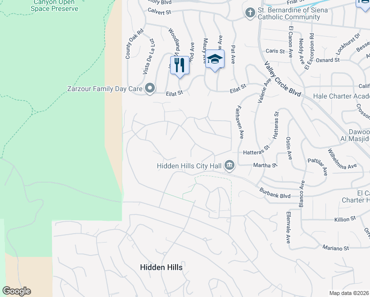 map of restaurants, bars, coffee shops, grocery stores, and more near 25225 Eldorado Meadow Road in Hidden Hills