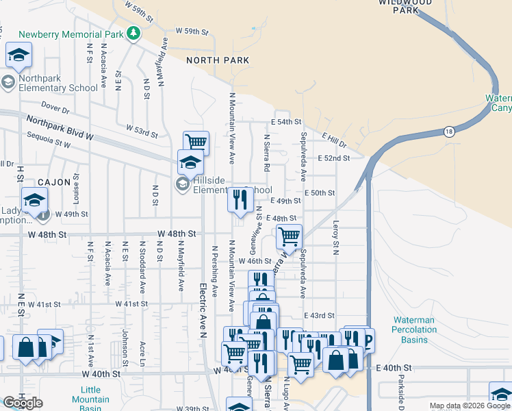 map of restaurants, bars, coffee shops, grocery stores, and more near 131 West 49th Street in San Bernardino