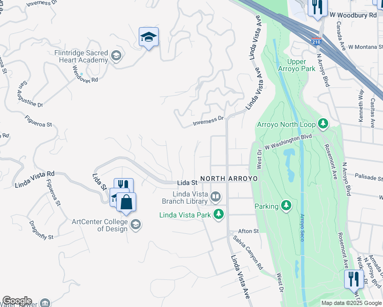map of restaurants, bars, coffee shops, grocery stores, and more near 1484 Arroyo View Drive in Pasadena