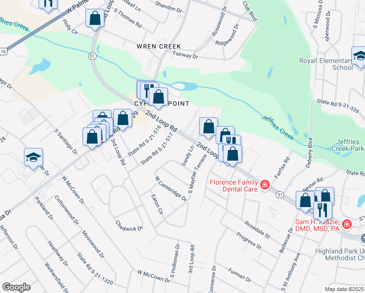 map of restaurants, bars, coffee shops, grocery stores, and more near 1503 Sandy Lane in Florence