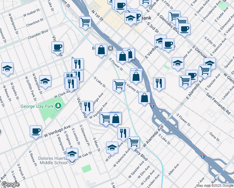 map of restaurants, bars, coffee shops, grocery stores, and more near 401 South Lake Street in Burbank