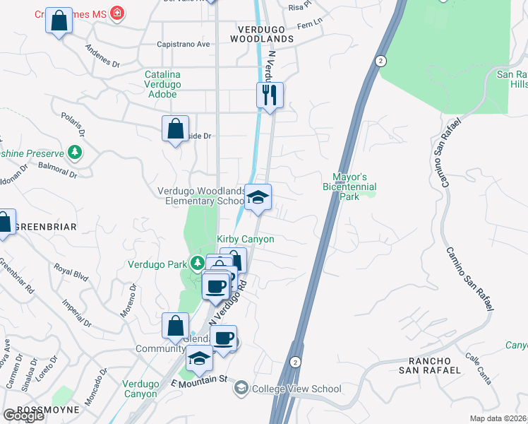 map of restaurants, bars, coffee shops, grocery stores, and more near 1811 Sherer Lane in Glendale