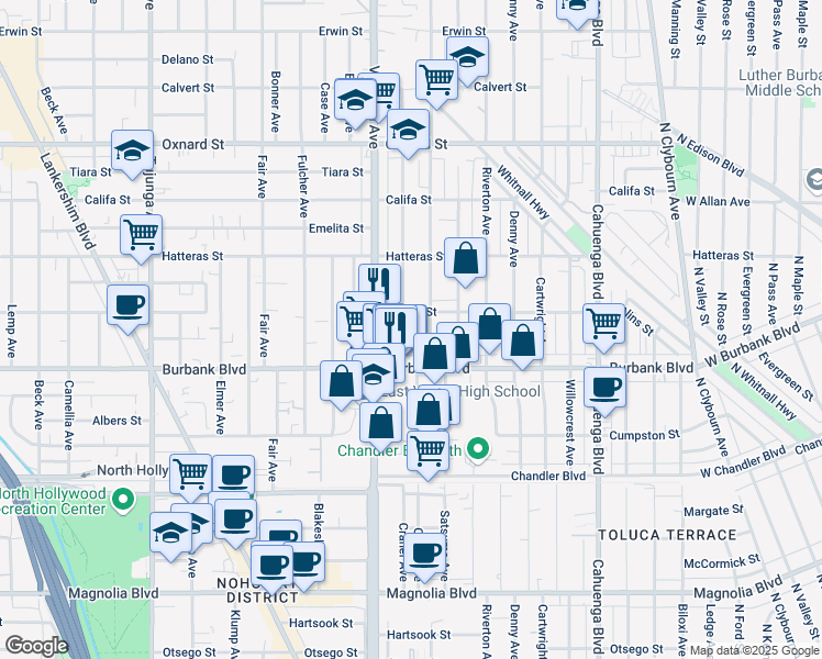 map of restaurants, bars, coffee shops, grocery stores, and more near 5629 Craner Avenue in Los Angeles
