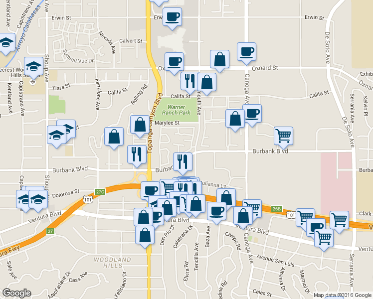 map of restaurants, bars, coffee shops, grocery stores, and more near 99 Burbank Boulevard in Los Angeles