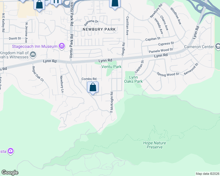 map of restaurants, bars, coffee shops, grocery stores, and more near 304 South McKnight Road in Ventura County