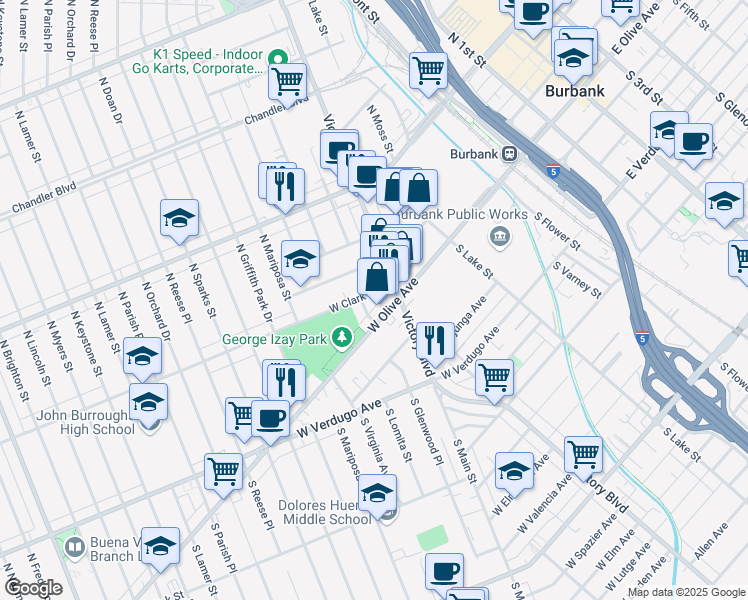 map of restaurants, bars, coffee shops, grocery stores, and more near 924 West Clark Avenue in Burbank