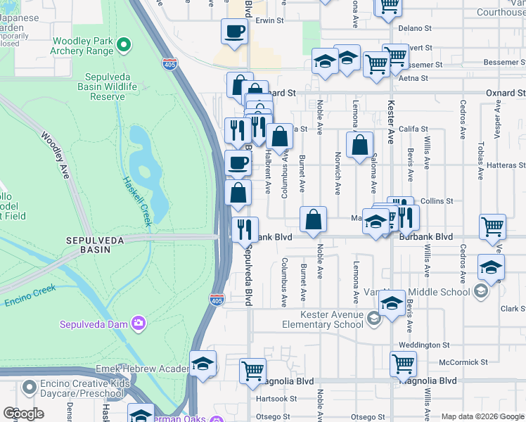 map of restaurants, bars, coffee shops, grocery stores, and more near 5641 Halbrent Avenue in Los Angeles