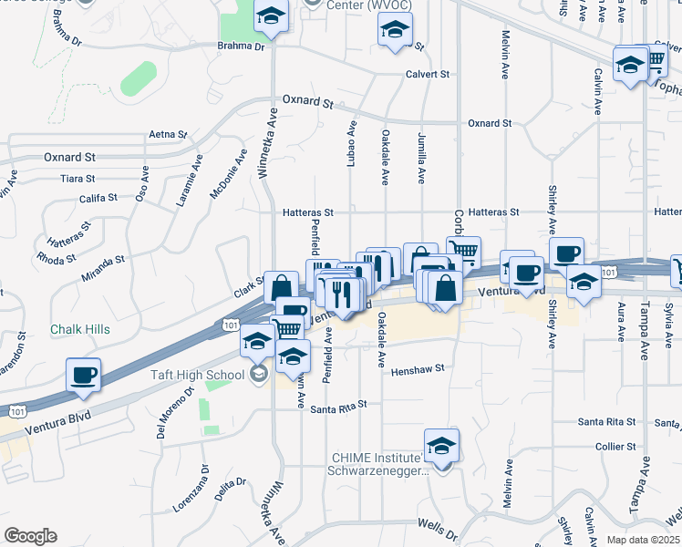 map of restaurants, bars, coffee shops, grocery stores, and more near 5637 Lubao Avenue in Los Angeles