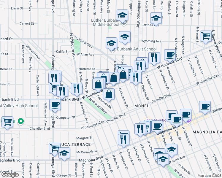 map of restaurants, bars, coffee shops, grocery stores, and more near 1333 North Maple Street in Burbank