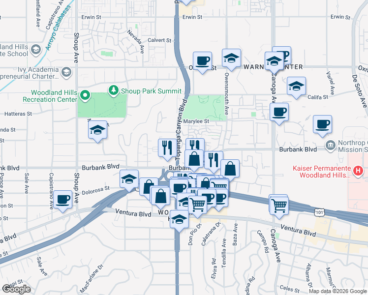 map of restaurants, bars, coffee shops, grocery stores, and more near 21931 Burbank Boulevard in Los Angeles