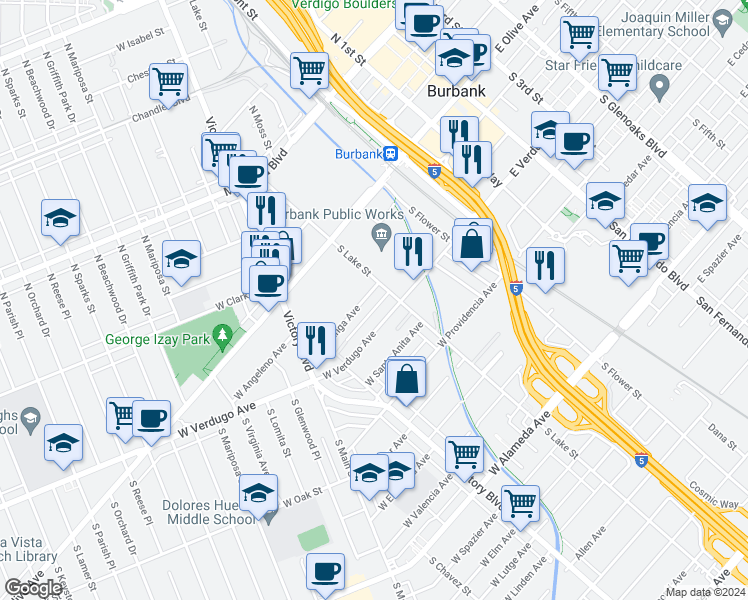 map of restaurants, bars, coffee shops, grocery stores, and more near 216 West Tujunga Avenue in Burbank