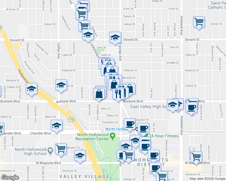 map of restaurants, bars, coffee shops, grocery stores, and more near 5633 Lankershim Boulevard in Los Angeles