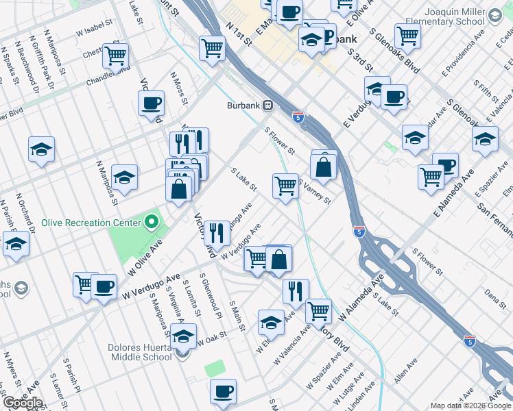 map of restaurants, bars, coffee shops, grocery stores, and more near 216 West Tujunga Avenue in Burbank