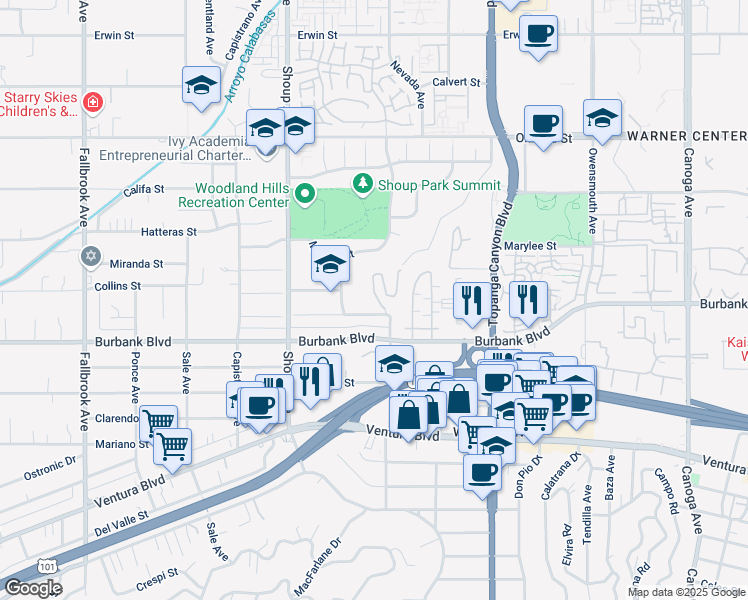 map of restaurants, bars, coffee shops, grocery stores, and more near 5637 Como Circle in Los Angeles