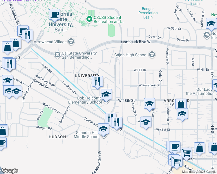 map of restaurants, bars, coffee shops, grocery stores, and more near 1380 West 48th Street in San Bernardino