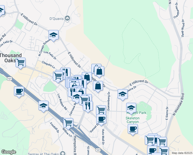 map of restaurants, bars, coffee shops, grocery stores, and more near 252 North Skyline Drive in Thousand Oaks