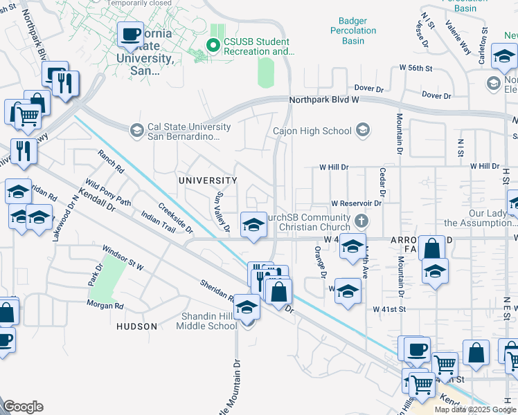 map of restaurants, bars, coffee shops, grocery stores, and more near 1380 West 48th Street in San Bernardino