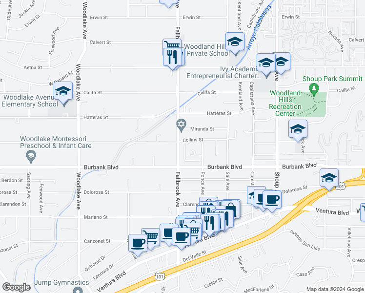 map of restaurants, bars, coffee shops, grocery stores, and more near 5652 Fallbrook Avenue in Los Angeles