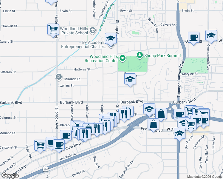 map of restaurants, bars, coffee shops, grocery stores, and more near 22420 Martha Street in Los Angeles