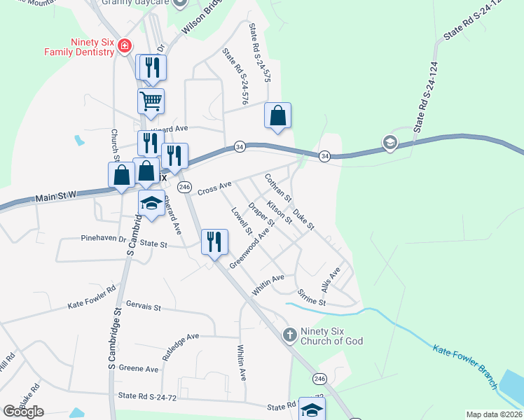 map of restaurants, bars, coffee shops, grocery stores, and more near 106 Draper Street in Ninety Six