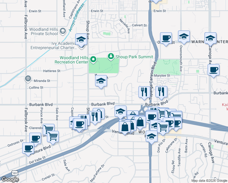 map of restaurants, bars, coffee shops, grocery stores, and more near 5637 Como Circle in Los Angeles