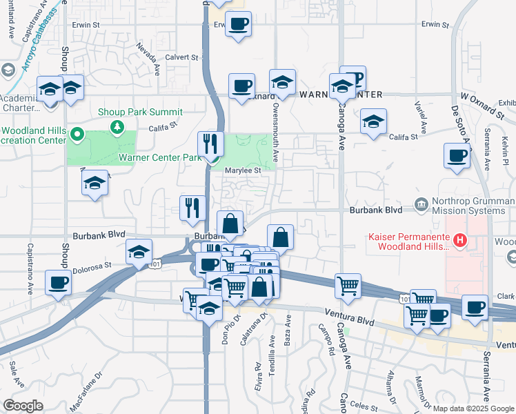 map of restaurants, bars, coffee shops, grocery stores, and more near 5711 Owensmouth Avenue in Los Angeles
