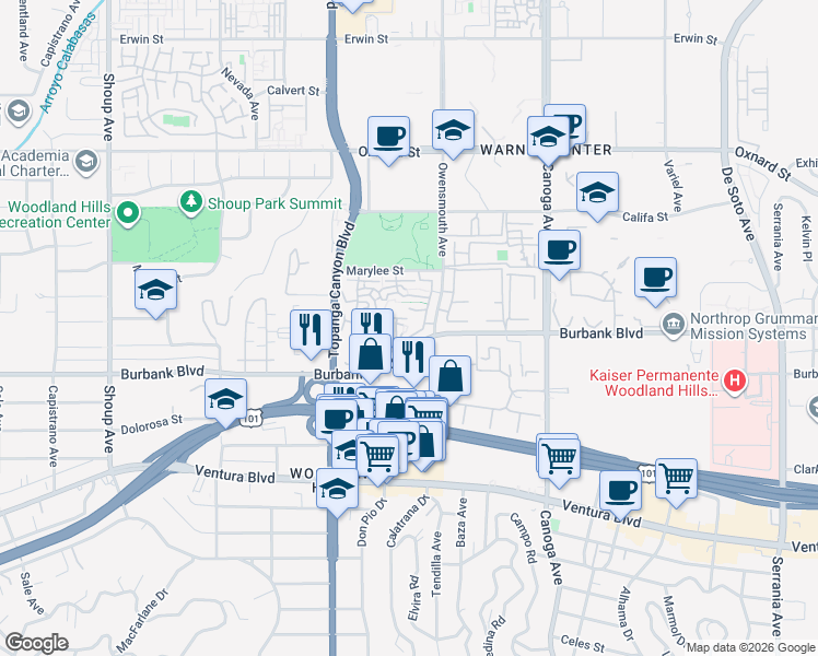 map of restaurants, bars, coffee shops, grocery stores, and more near 21801 Burbank Boulevard in Los Angeles