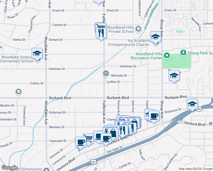 map of restaurants, bars, coffee shops, grocery stores, and more near 5652 Fallbrook Avenue in Los Angeles
