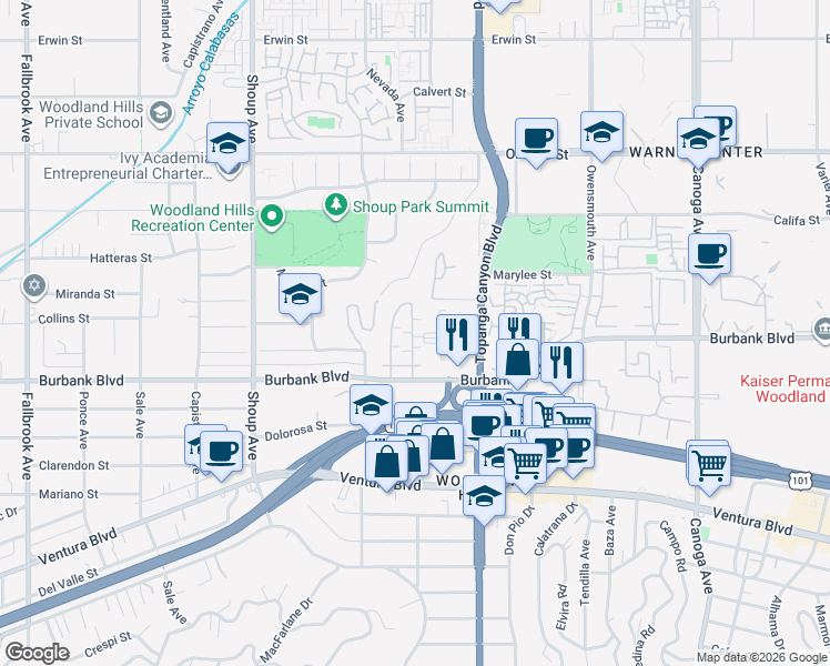 map of restaurants, bars, coffee shops, grocery stores, and more near 22117 Burbank Boulevard in Los Angeles