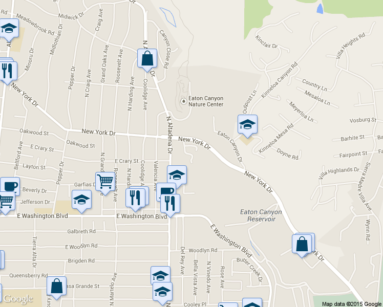 map of restaurants, bars, coffee shops, grocery stores, and more near 1510 Creekside Court in Pasadena