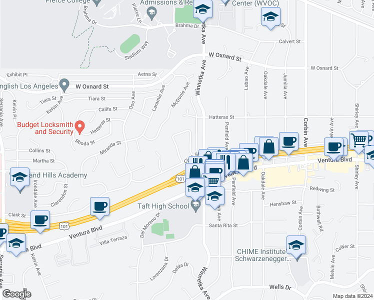 map of restaurants, bars, coffee shops, grocery stores, and more near 5615 Comanche Avenue in Los Angeles