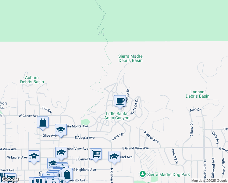 map of restaurants, bars, coffee shops, grocery stores, and more near 729 Orange Drive in Sierra Madre