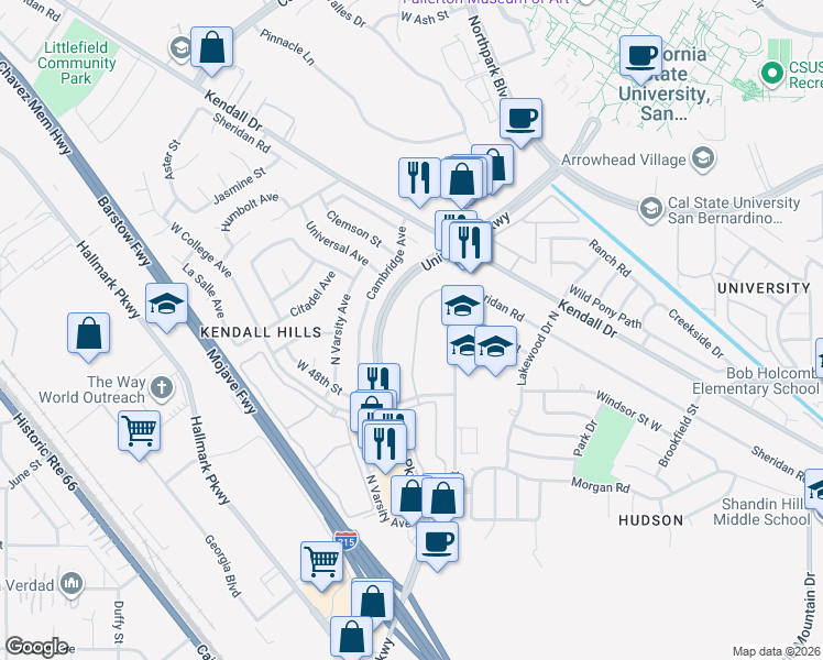 map of restaurants, bars, coffee shops, grocery stores, and more near 1930 West College Avenue in San Bernardino