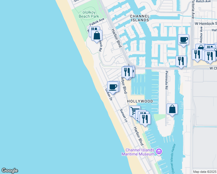 map of restaurants, bars, coffee shops, grocery stores, and more near 4053 Sunset Lane in Oxnard