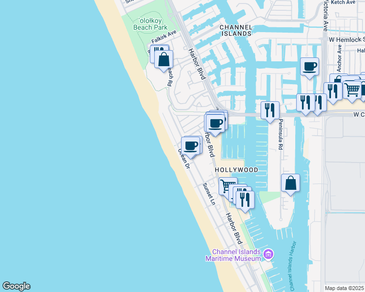 map of restaurants, bars, coffee shops, grocery stores, and more near 4053 Sunset Lane in Oxnard